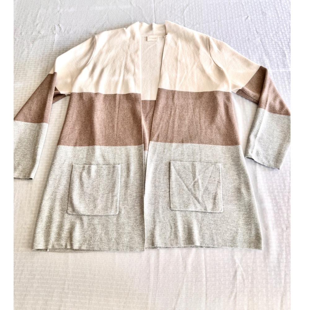 Cyrus Women XL Colorblock Open Front Longline Cardigan Sweater Neutral Boho Grey